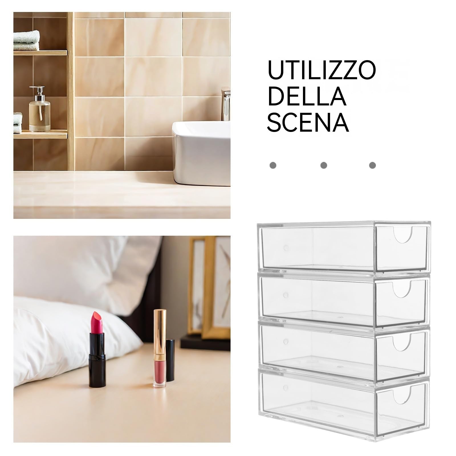 Set 4 Scatole Portaoggetti Trasparenti Impilabili per Accessori Chioma 4 Cassetti, Organizer Piccolo per Fasce ed Elastici, Contenitore Multiuso per Bagno, Armadio e Scrivania