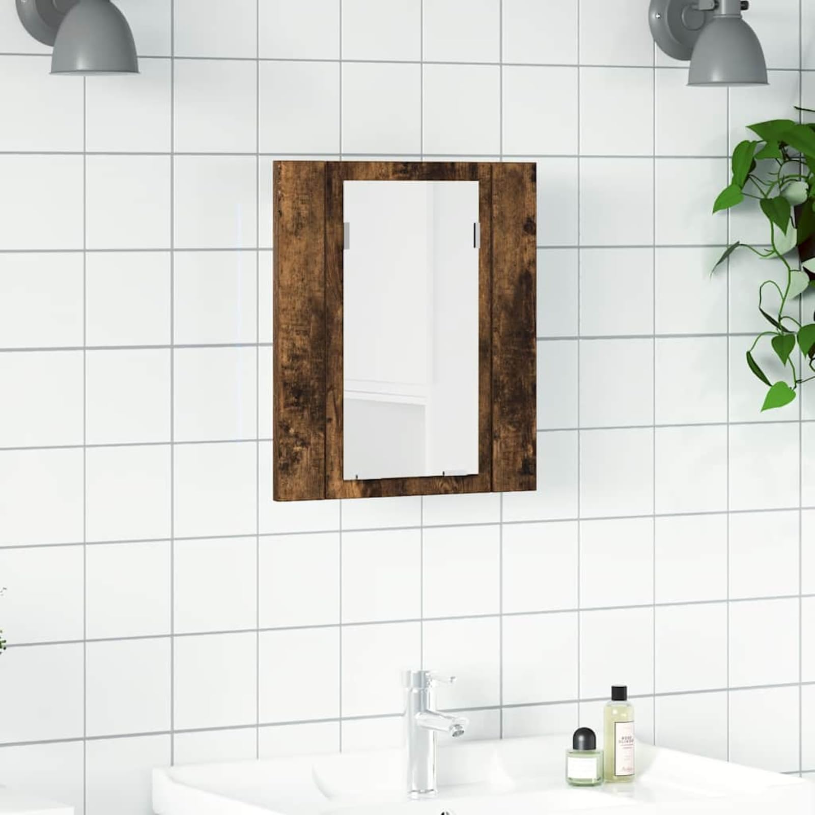 Gecheer Specchio contenitore bagno, mobile con LED, legno multistrato, 40x12x45 cm, montaggio a parete, ampio spazio portaoggetti, per bagno moderno