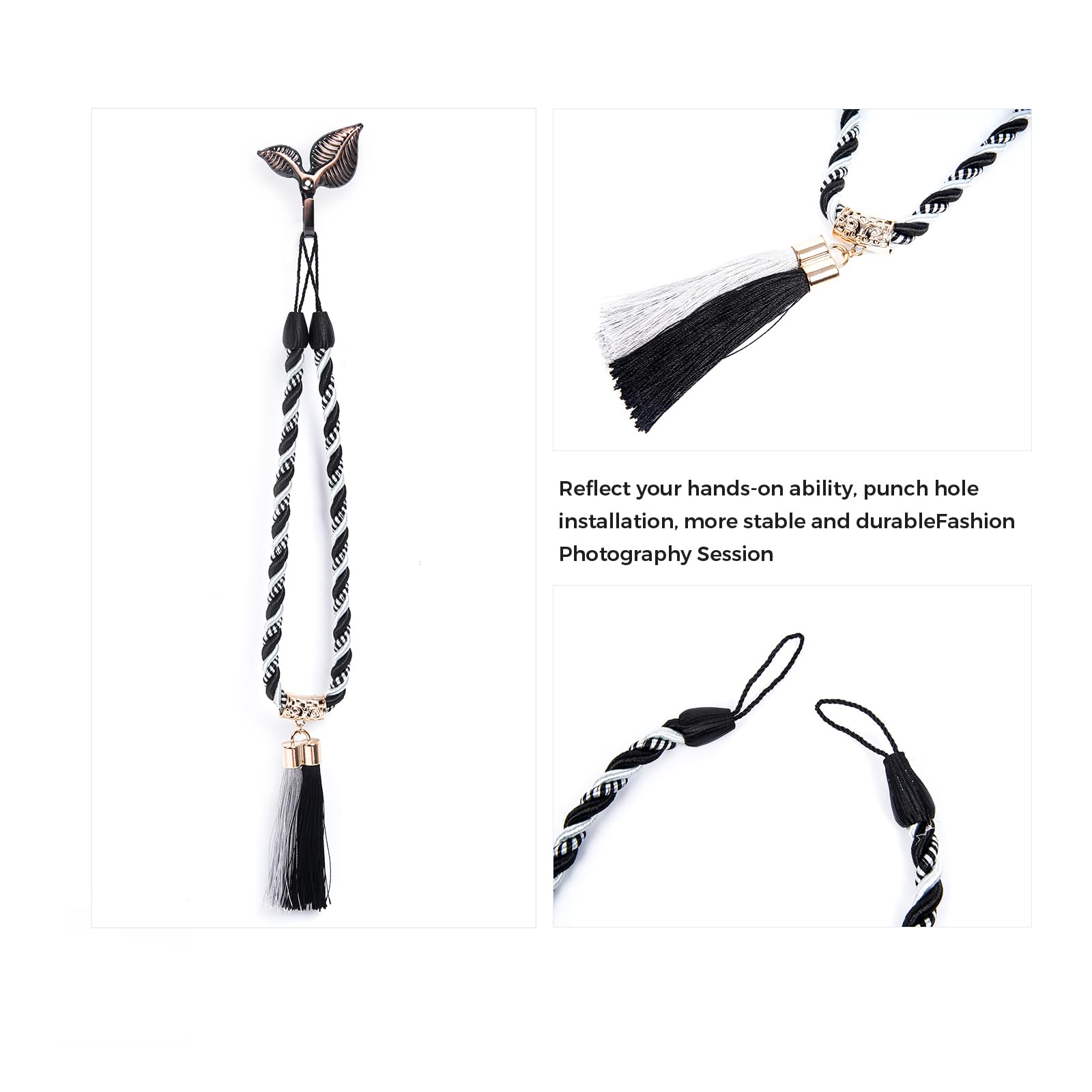 CurtainTassel Tiebacks, Curtain fixator, Suitable for Thin or Thick Curtains, Napoleon Style Curtain tie, tie and Hook Combination, Two Sets, Black