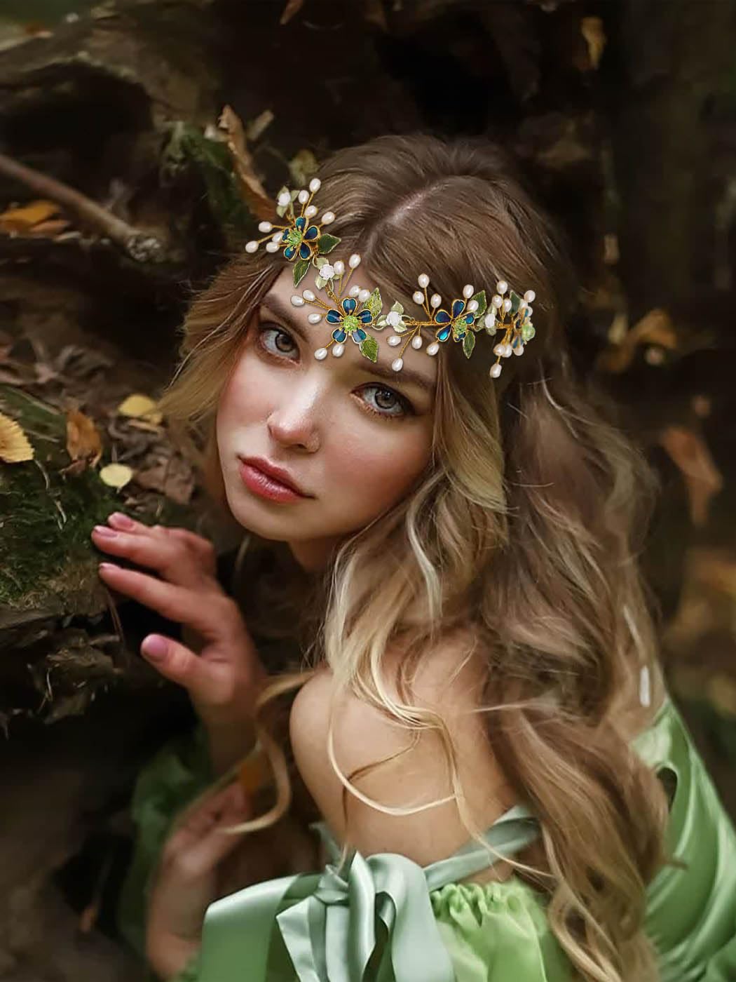 IYOU Flower Fairy Headband Green Pearls Wedding Crown Leaf Bridal Bridesmaid Elf Hair Accessories for Women - Image 4
