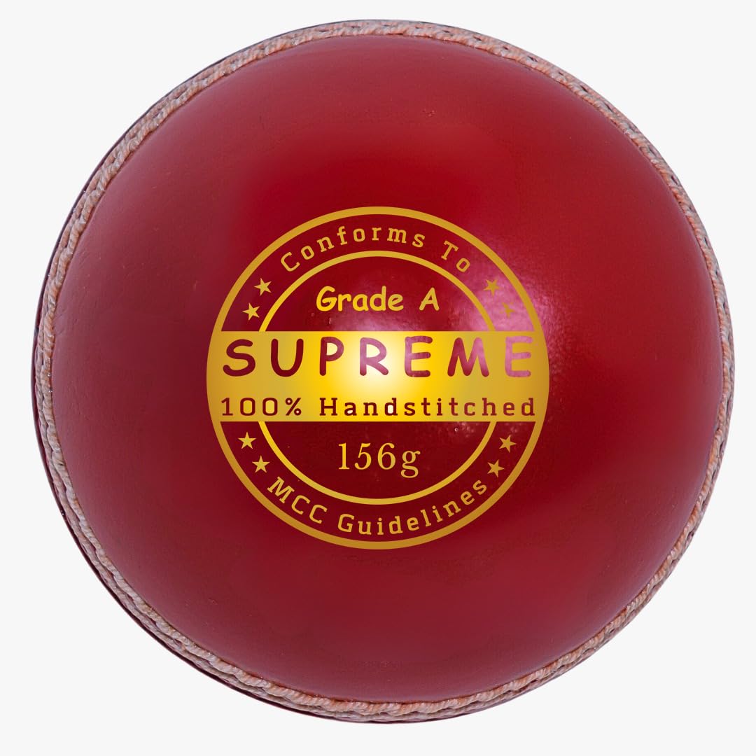 ONEGlobal Supreme Genuine Leather Cricket Ball | Leather Ball with Handstitched Seam | Match Quality Hard Balls for Club & League Matches (5.5oz Seniors, 6-Red)