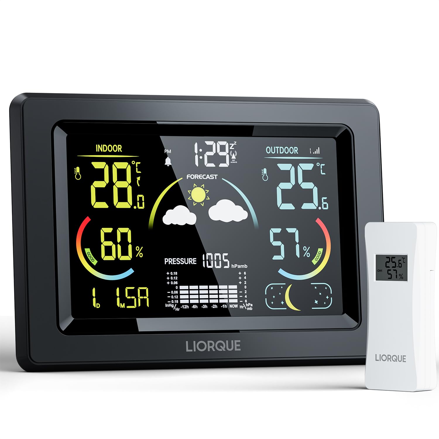 LIORQUE Stazione Meteo con Sensore Esterno, Display a colori LCD VA, Stazione Meteo con Sveglia, Fase Lunare, Previsioni Meteo, Data,Retroilluminazione Regolabile, Igrometro