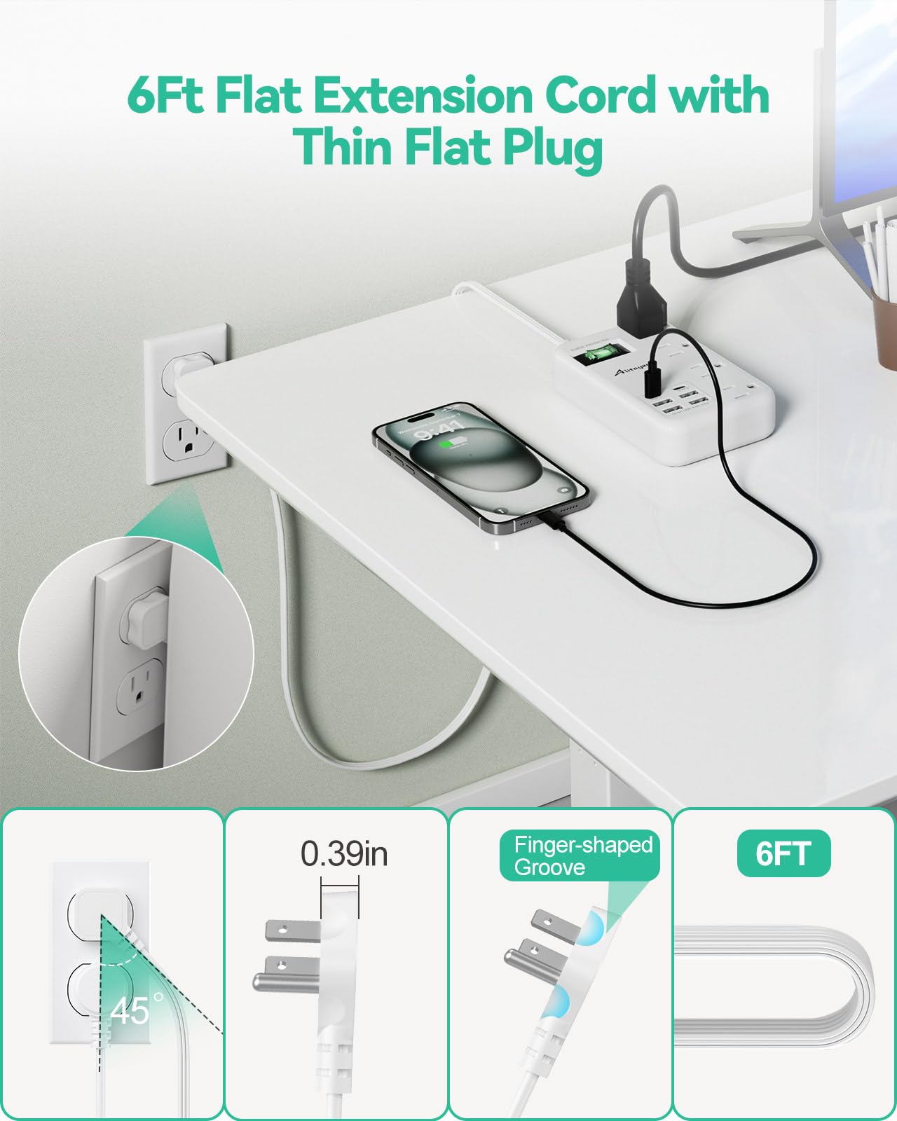 Alitayee 6 USB (2 USB C) Überspannungsschutz-Steckdosenleiste mit 24 W USB-Ladestation und 4 ausziehbaren Steckdosenverlängerungen, 1,8 m flaches Verlängerungskabel mit Wandmontage, für Reisen