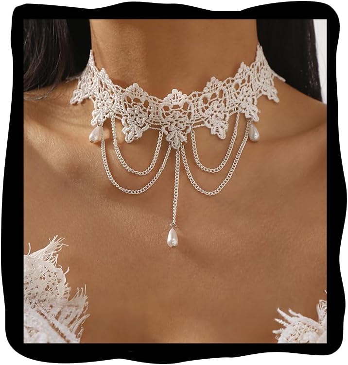 Lace Choker Necklace for Women Tassel Pendant Choker Necklaces Elegant Boho Collar Necklaces Statement Artistic Chain Necklace with Pearl Halloween Party Cosplay Costume Jewelry