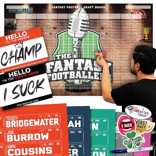 TrophySmack 2025 Fantasy Football Draft Board Kit - 12, 10, 8 Team - 500+ Player Labels - 24 Rounds - Exclusive Fantasy Footballers Design