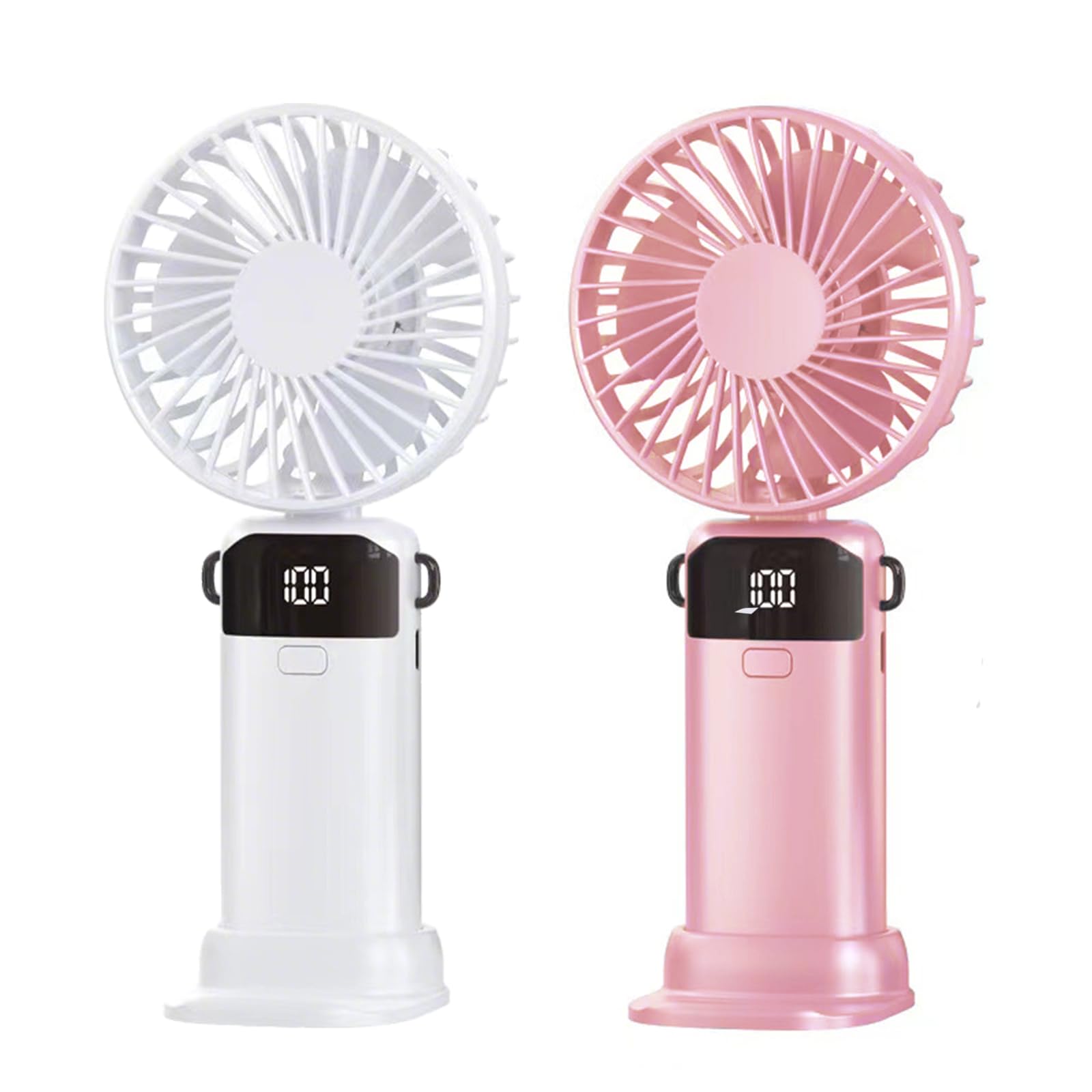 Somnr 2-Pack Hand Held Fan Rechargeable with LED Display, Handheld/Neck/Desk 3 in 1 Mini Fan, 5 Speed Portable Handheld Fan, Adjustable Hand Fan for Home, Makeup, Travel and Sport (White, Pink)