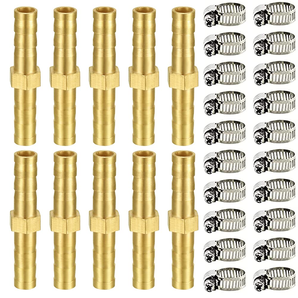 Joywayus 3/8" ID Hose Barb Fitting Hex Union Brass Fitting Water/Fuel/Air with 20 Stainless Steel Clamps(Pack of 10)