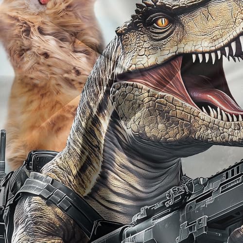 Image of Funny Cat Shower Curtain Set, Cute Cat Riding Dinosaur Theme Ocean Curtains for Bathroom Fun Nautical Kids Decor Polyester Fabric Restroom Curtains