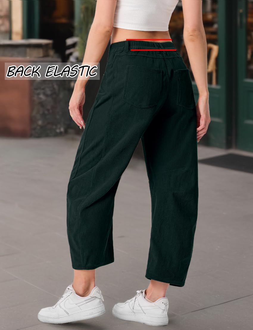 IWOLLENCE Women's Corduroy Barrel Cropped Pants Mid-Rise Elastic Waist Cord Wide Legs Baggy Pant with Pockets - Image 4