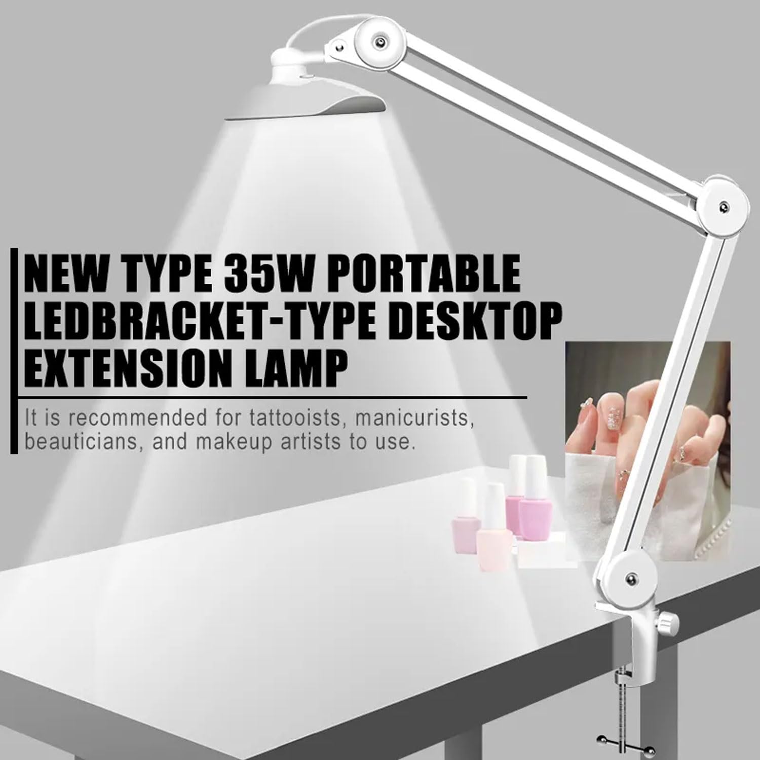 Lampa robocza do paznokci 3000 lm, składana lampa robocza LED 38 W z 112 koralikami do lampy, 4 poziomy jasności, regulacja 180°, lampa stołowa do zdobienia paznokci, rzęs, piękna, makijażu