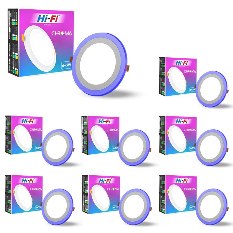 Image of elleys' Chroma 2 in 1 Double Colour Round LED Light | Concealed Light Featuring 3 Lighting Modes with 6W + 3W Power Output | Celling Light for Home & Office |Cut-Out: 125mm|Color- White & Blue Pack 8