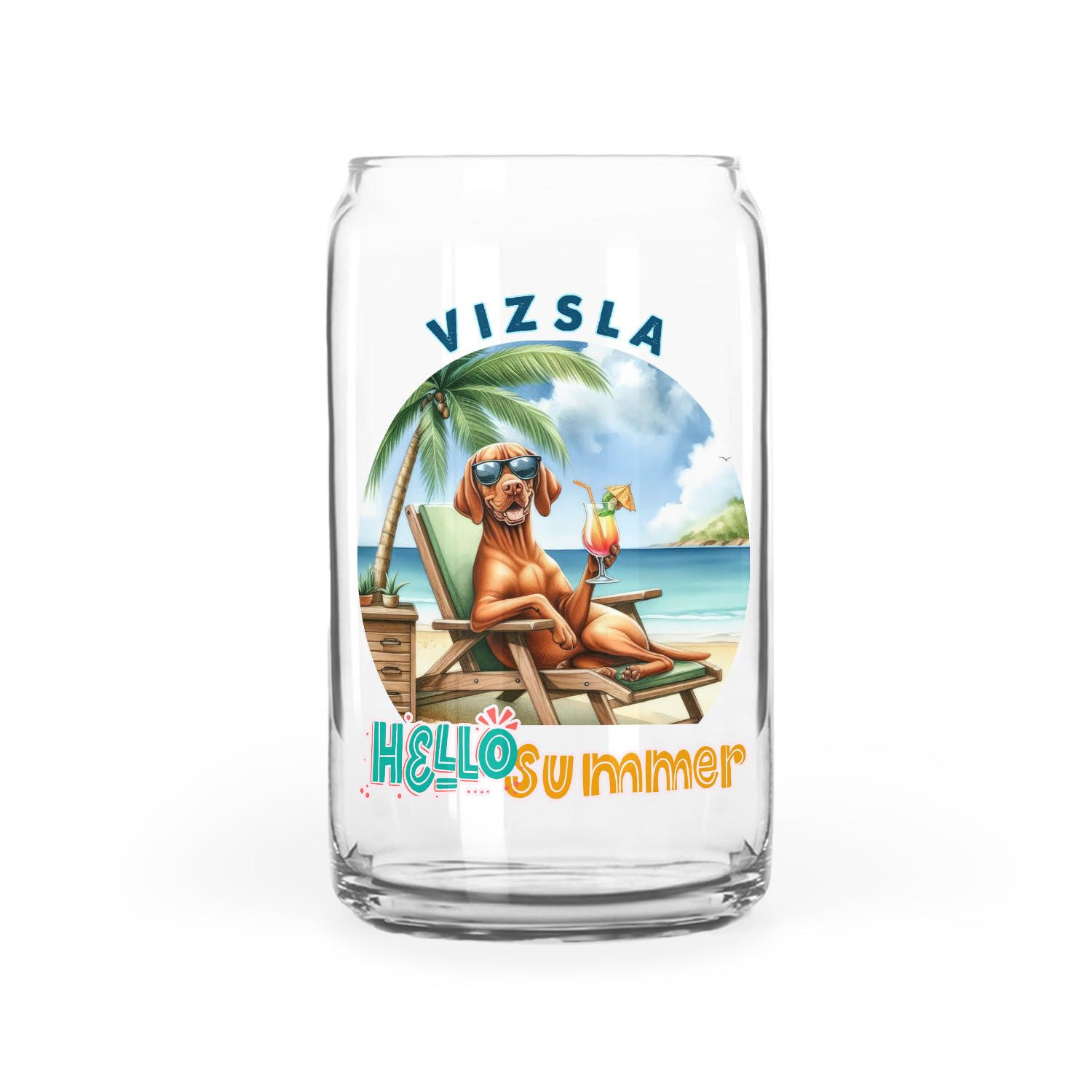 Personalized Custom Name Vizsla Hello Summer Beach Theme with Sunglasses and Tropical Cocktail Glass Cup Mug Vizslas Dog Lover Gifts Idea 16oz Glass Can - 009