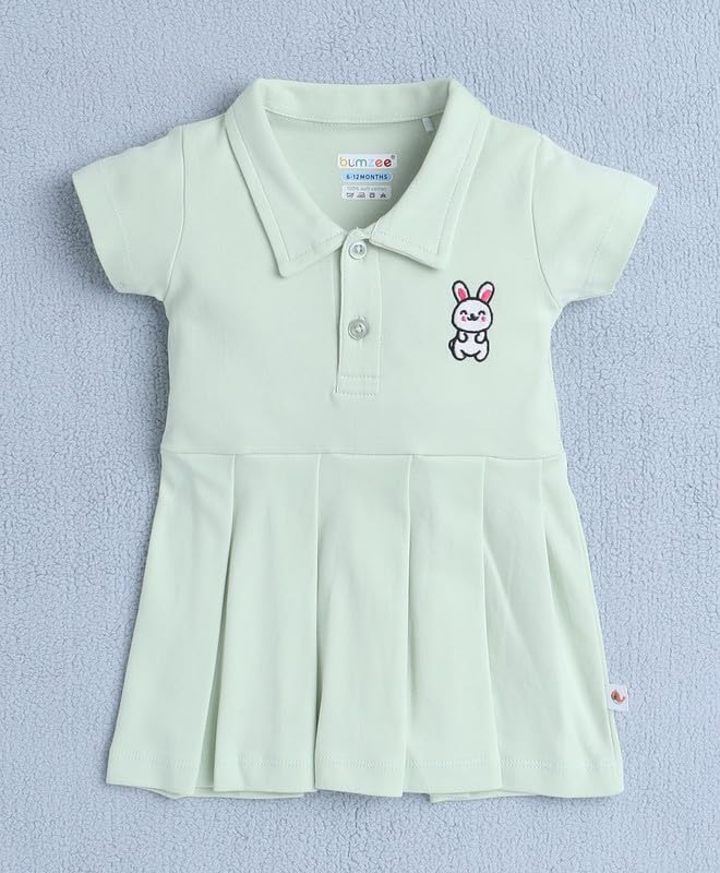 Image of BUMZEE Baby Girls Cotton Half Sleeves Knee Length Collar Neck Frock with Headband