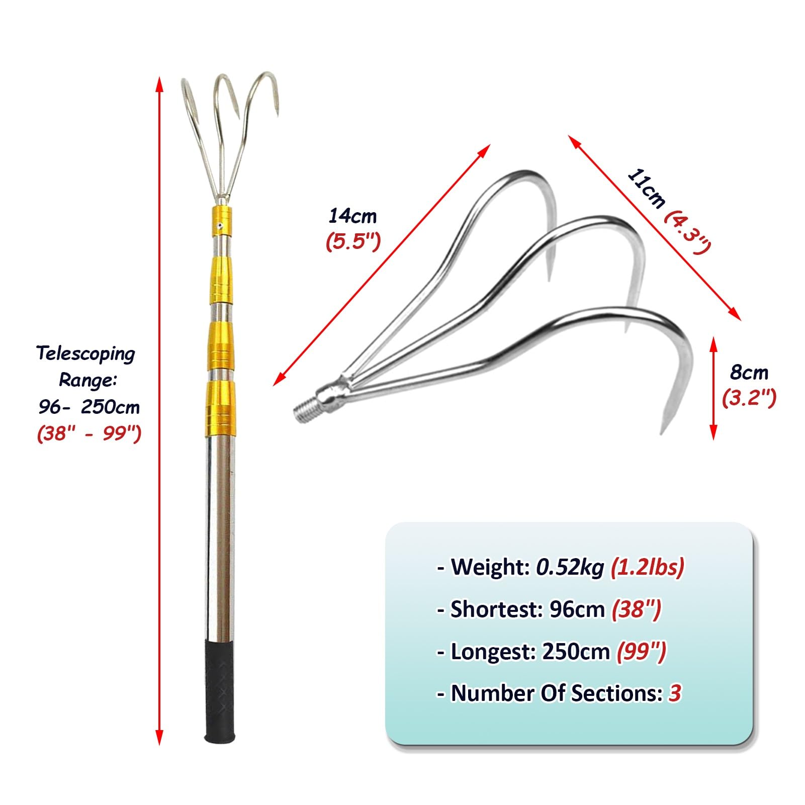 Mezzo Marinaio per Barca Rimozione di Detriti Dagli Alberi con Gancio a 2/3/4 Artigli, Gancio Telescopico per Imbarcazioni Lungo 60-600 cm(3-Claw,96-250cm/38" - 99")