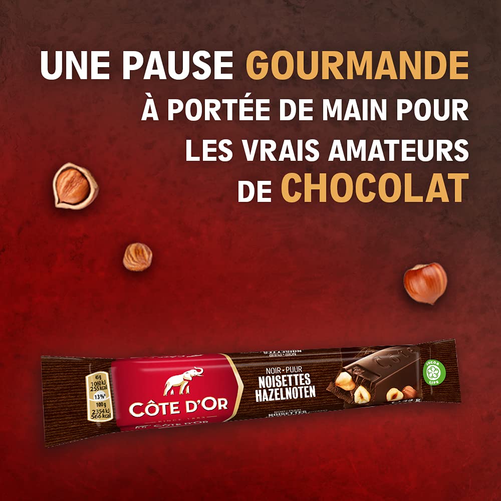 Cote d'Or, Bastoncino al Cioccolato Fondente con Nocciole, Tavoletta di Cioccolato con Cacao 100% Sostenibile, 32x45g (32 monoporzioni da 45g)