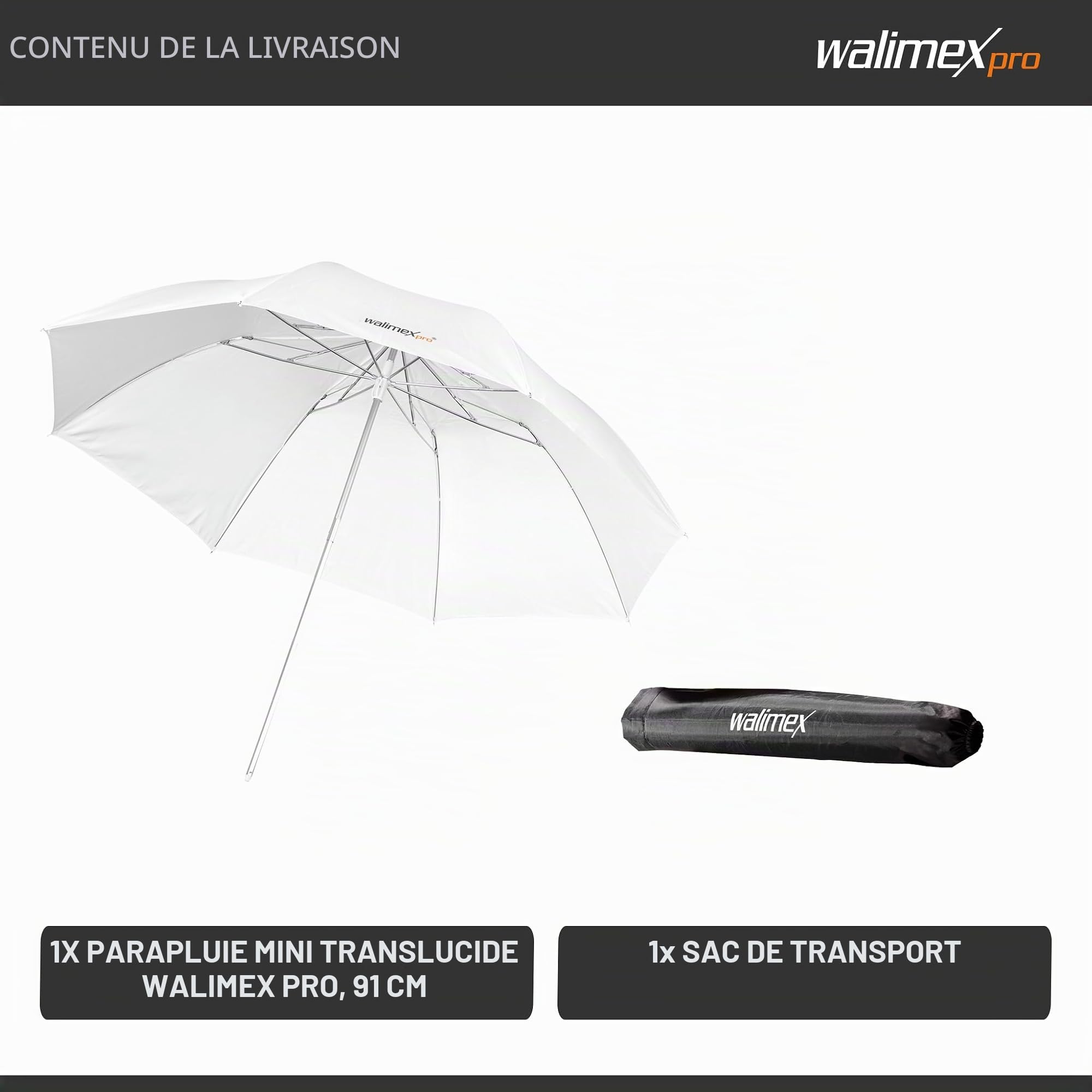Walimex Pro Mini Parapluie Translucide 91 cm (pliable, taille de transport env. 40 cm, sac de transport inclus)