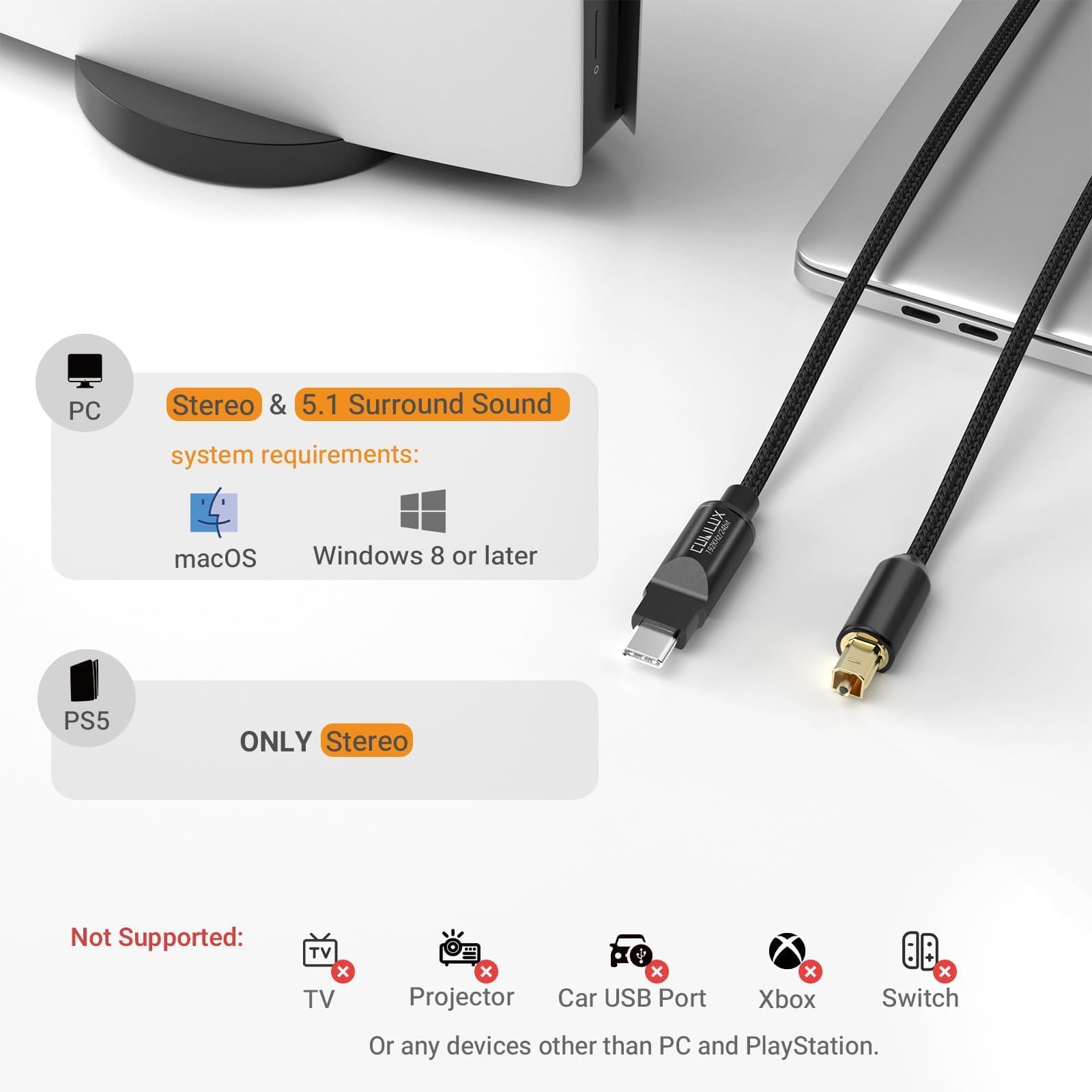 Cubilux Kabel optyczny audio USB C do TOSLINK, jednokierunkowy cyfrowy przewód Aux typu C do SPDIF, nadajnik S/PDIF do komputera/laptopa/PC MacBook (dźwięk przestrzenny 5.1) i PS5 (stereo), 2 m