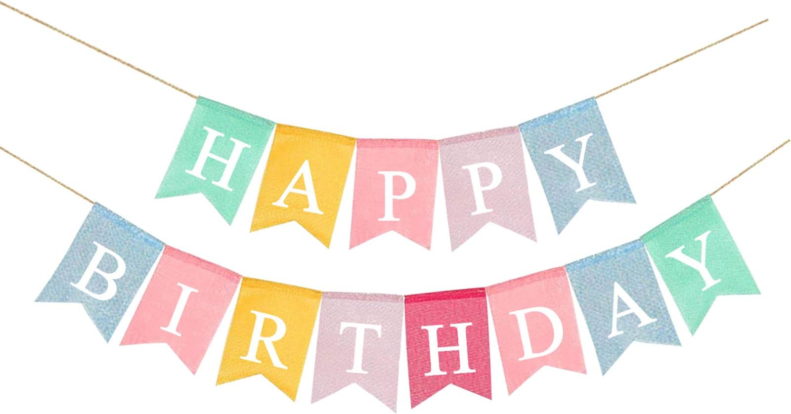 LifePassion Assembled Rainbow Happy Birthday Banner Imitated Burlap Colorful Bunting Garland for Pastel Birthday Party Decorations