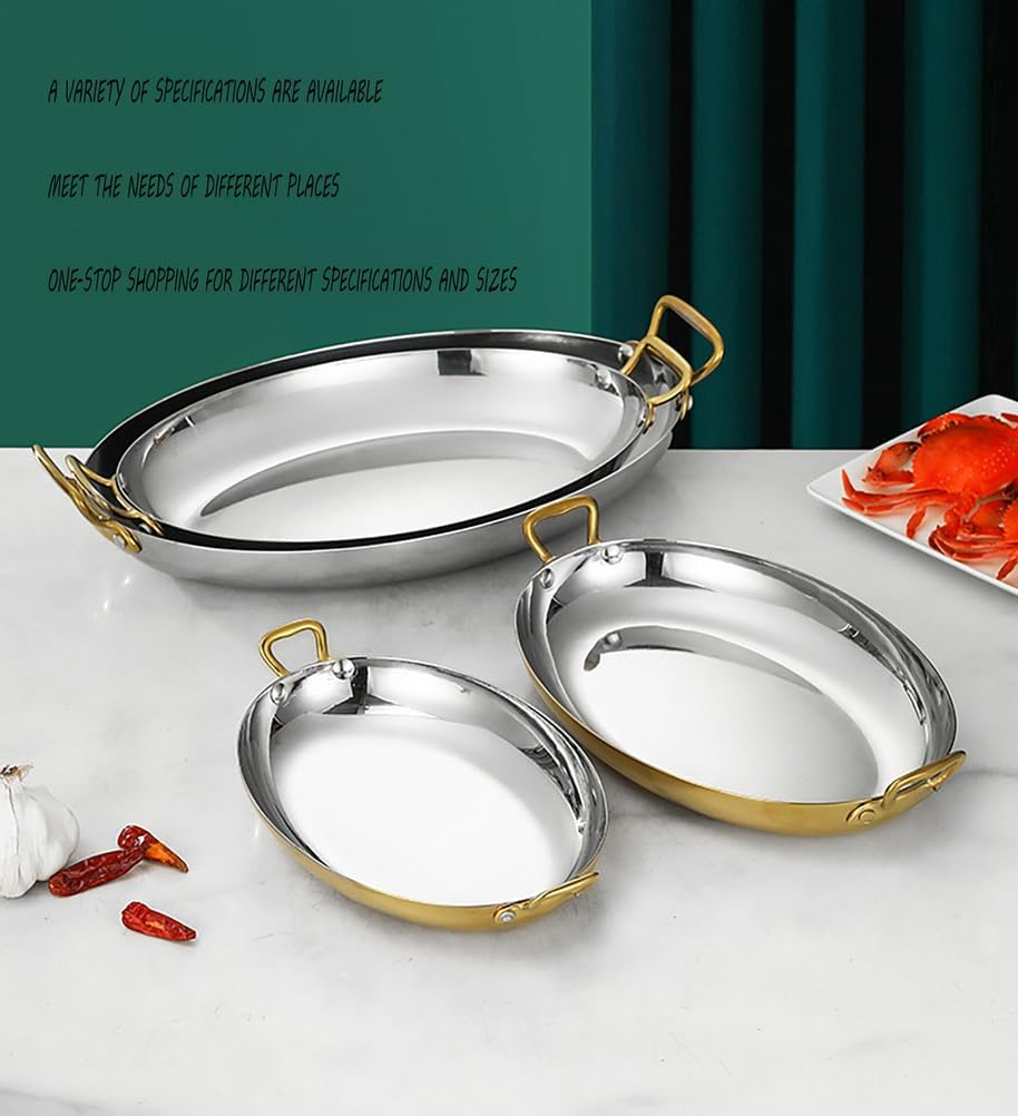 Oval Spanish Paella Pan Stainless Steel Spanish Paella Pan,Cooking Skillet Cookware with Dual Handle Spanish Seafood Lobster Plate for Home Cooking Cookware Kitchen,Silver,30CM/11.8 inches
