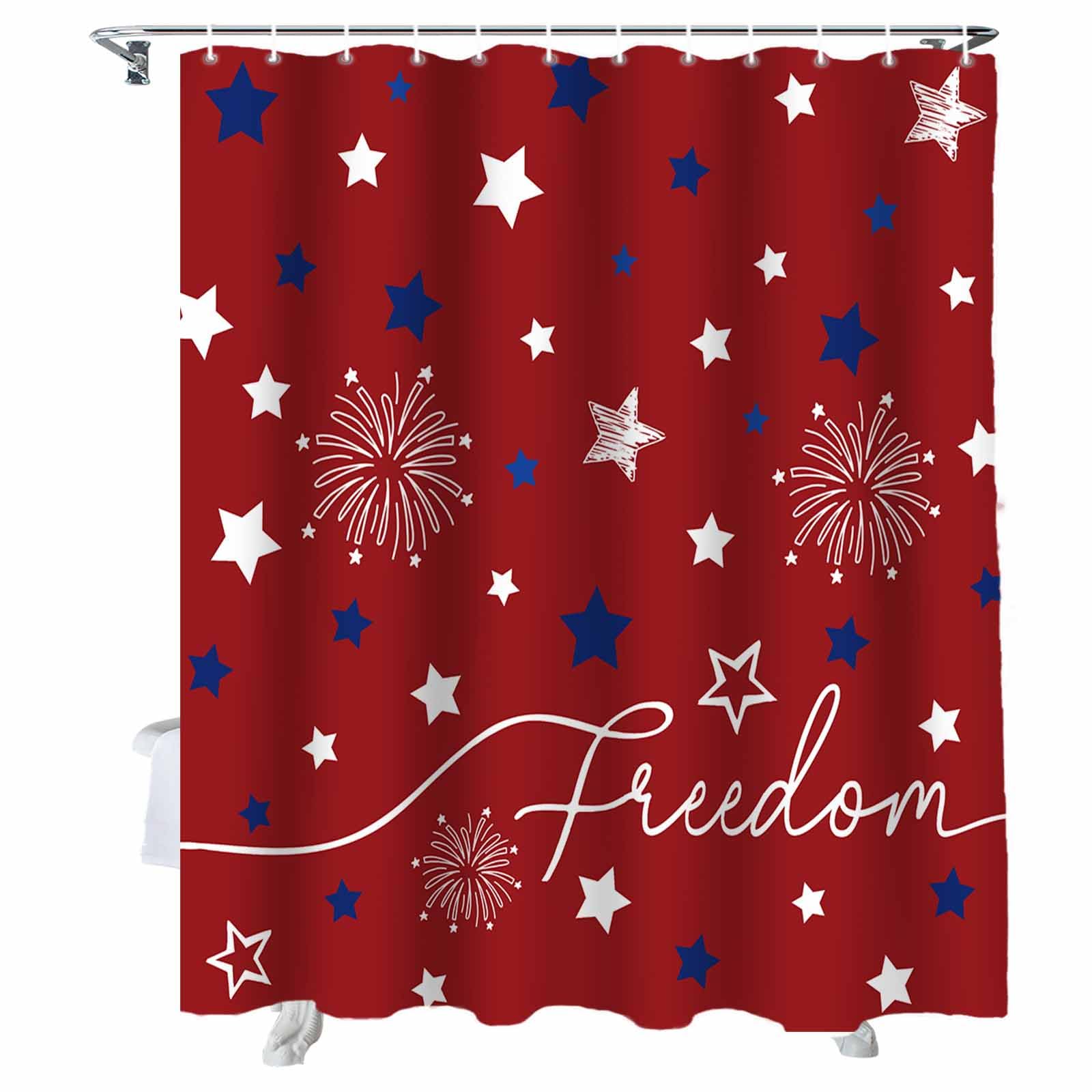 Patriotic 4th of July Shower Curtain, Red White Blue Stars Freedom Shower Curtains Set with Hooks, Memorial Day Summer Waterproof Fabric Bathroom