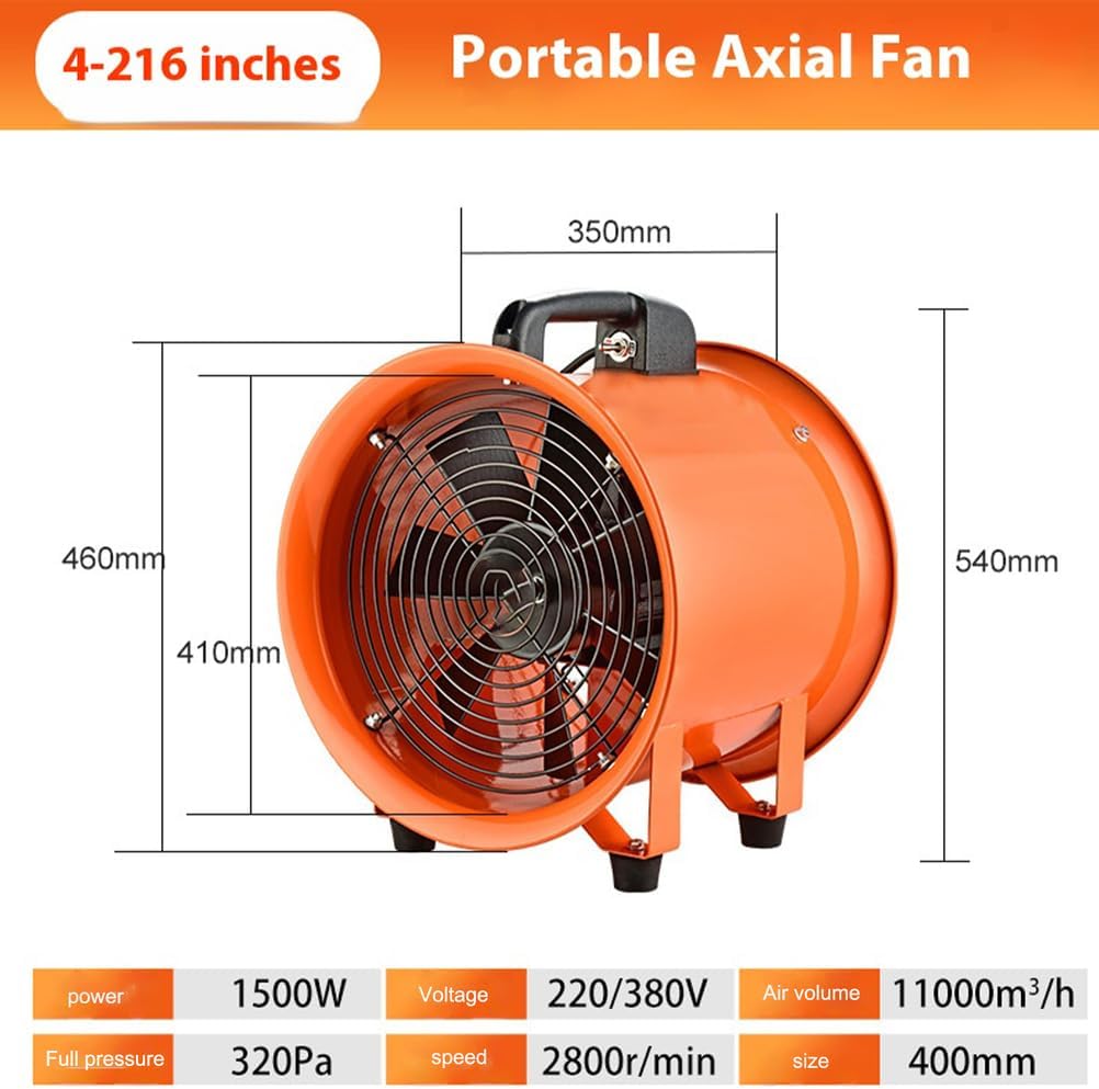 Low Decibel Industrial Smoke Exhaust Fan 1500W, with 5M/10M Air Duct 7-Blade High Air Volume Multifunctional Factory Blower Fan for Ships, Buildings(220V),10m