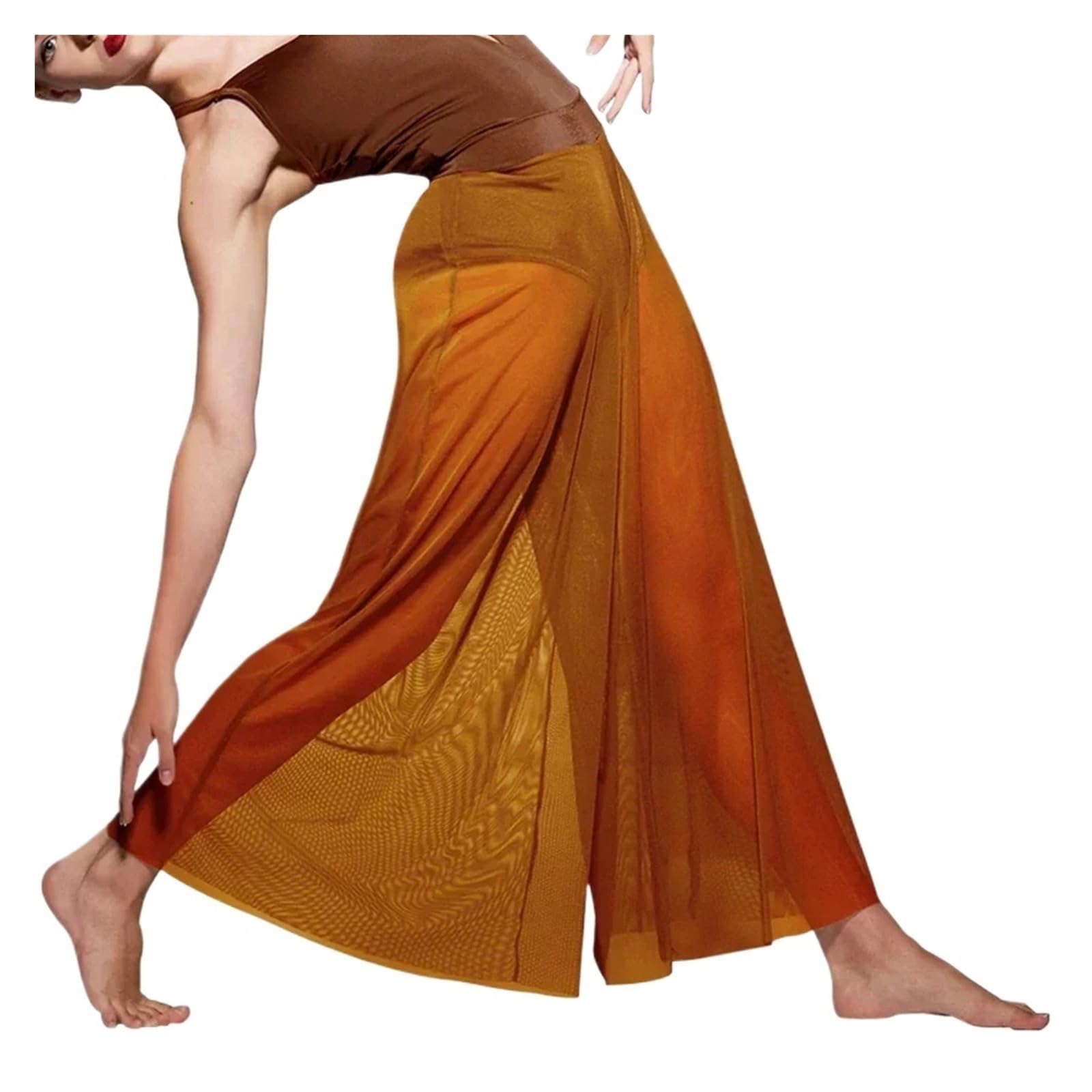 Damen Chiffon Tanzhose Mesh-Tanzhose for Mädchen und Frauen, modernes Ballett-Tanz-Match-Outfit, Unterwäsche, zeitgenössische, lyrische, Lange Tanzhose mit weitem Bein(Coffee,LA)