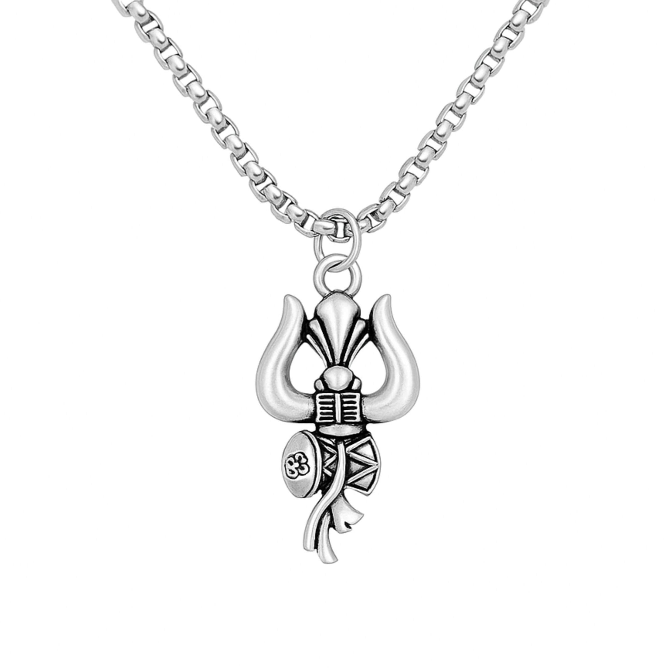Lord Shiva's Trishul Damru Stainless Steel Necklace for Men and Women | Mahadev Symbol Spiritual Silver-Toned Anti-Tarnish Pendant Chain-image-14
