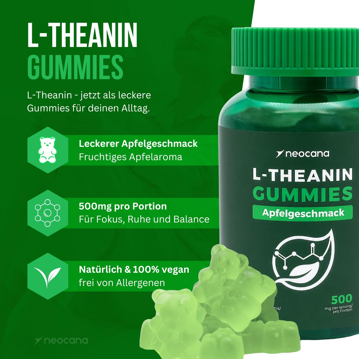3er Pack L-Theanin Gummies 500 mg pro Portion – Apfelgeschmack - Hochdosierte vegane L-Theanine Fruchtgummis mit Kamillenextrakt, Magnesium, Rhodiola & Lavendel - Nahrungsergänzungsmittel - 60 Stück