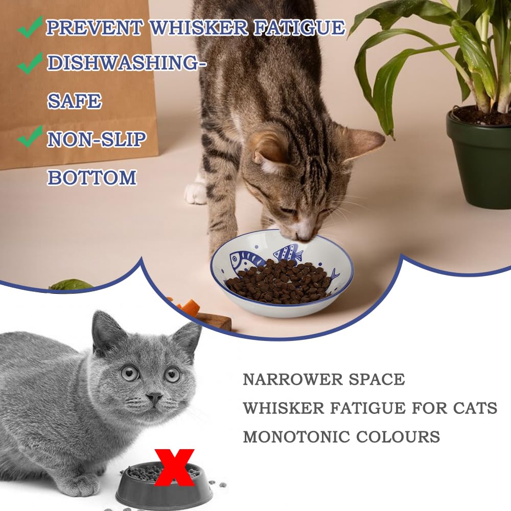 Happy KIT 2 x breite, Flache Katzennäpfe, 240 ml, buntes Teller-Set mit Rutschfester Matte, 14,5 cm Keramik-Katzenschüssel/-Geschirr für den Innenbereich, lindert Müdigkeit von Schnurrhaar,