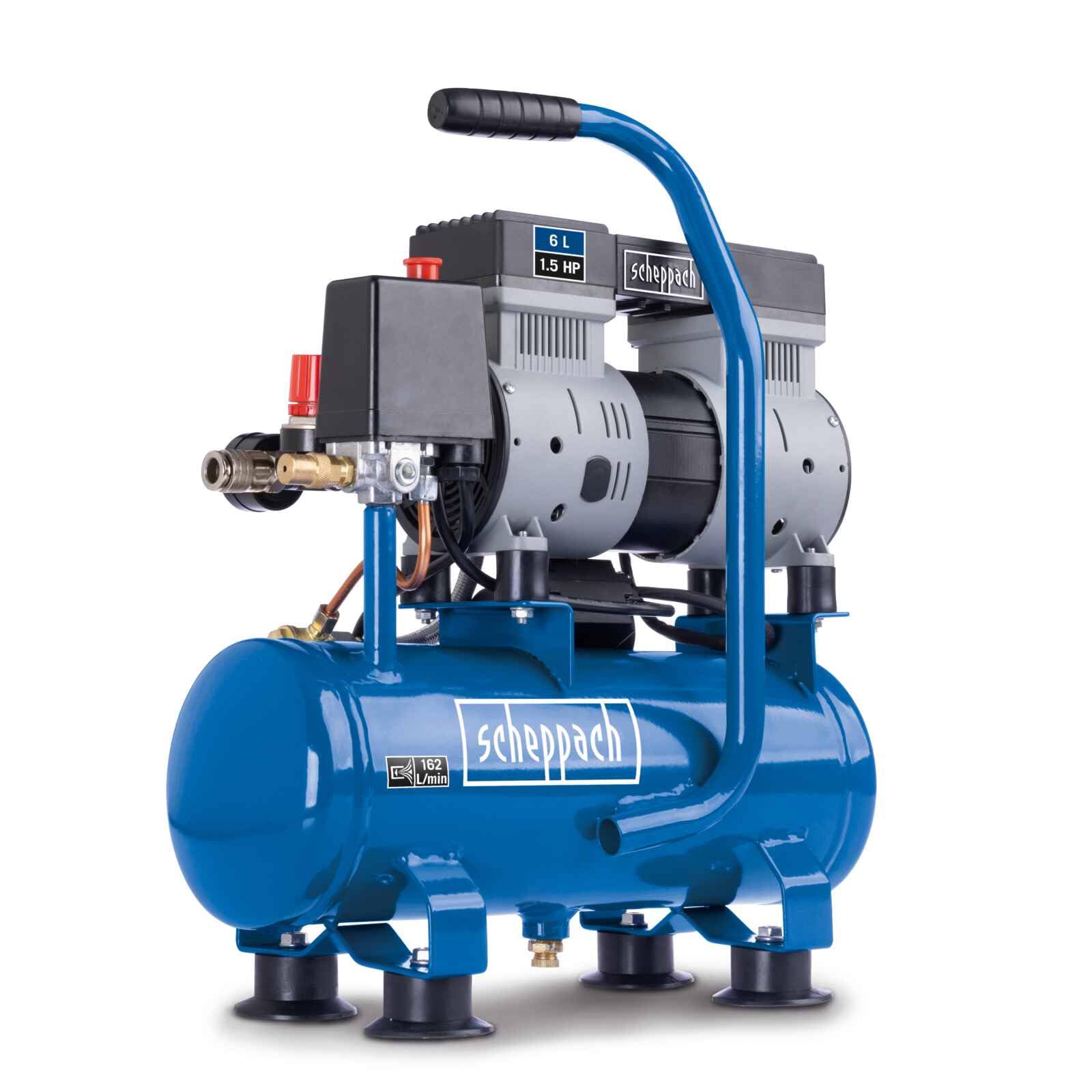 Scheppach HC08Si Compresseur ultra silencieux | 8bar | Cuve de 6L | 1,5CV / 1100W | Sans huile & entretien réduit | Débit d'aspiration 162 L/min | Compresseur silencieux