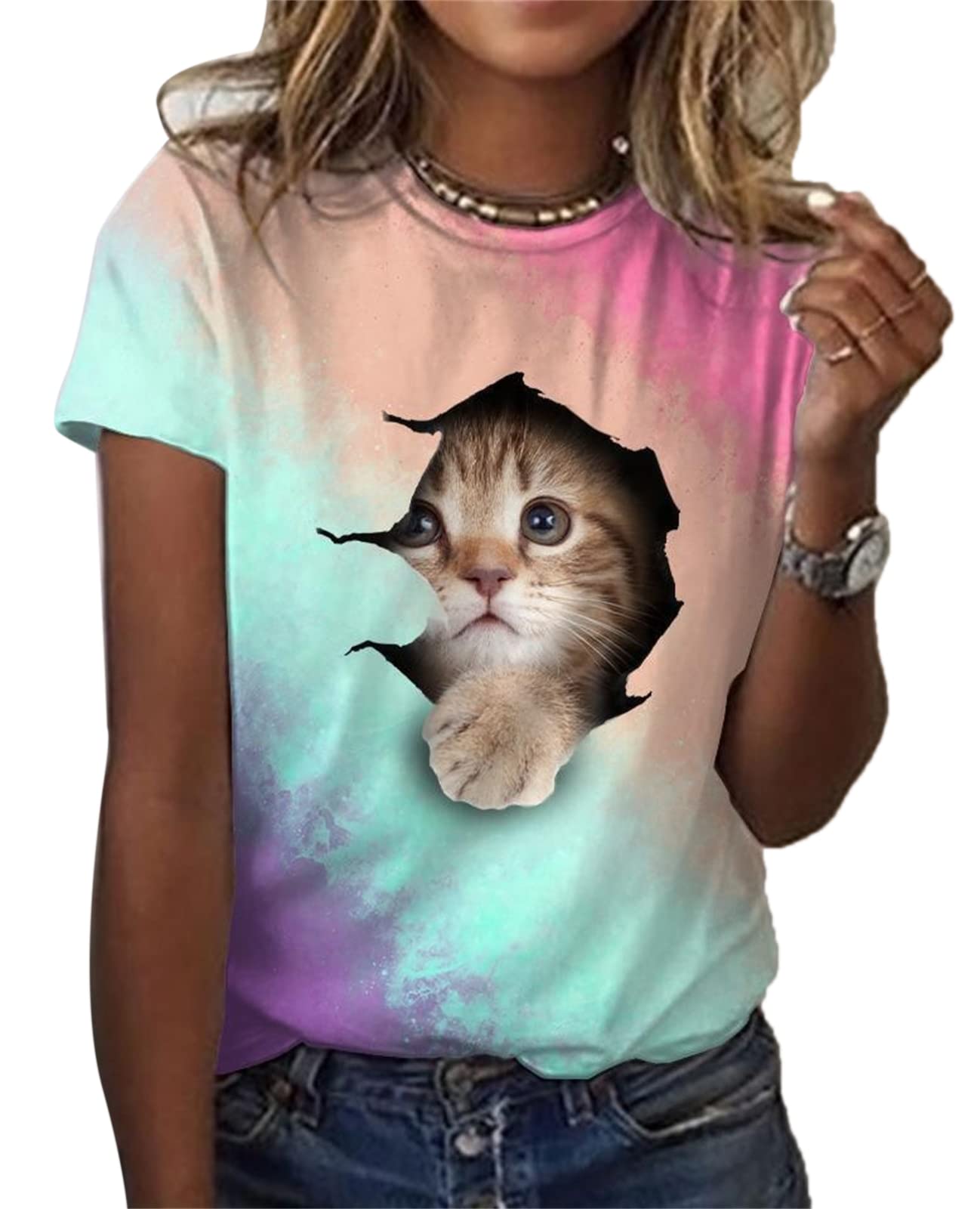 Animal Series 3D Digital Print Women's Short Sleeve T-Shirt Cat Personalized Crew Neck
