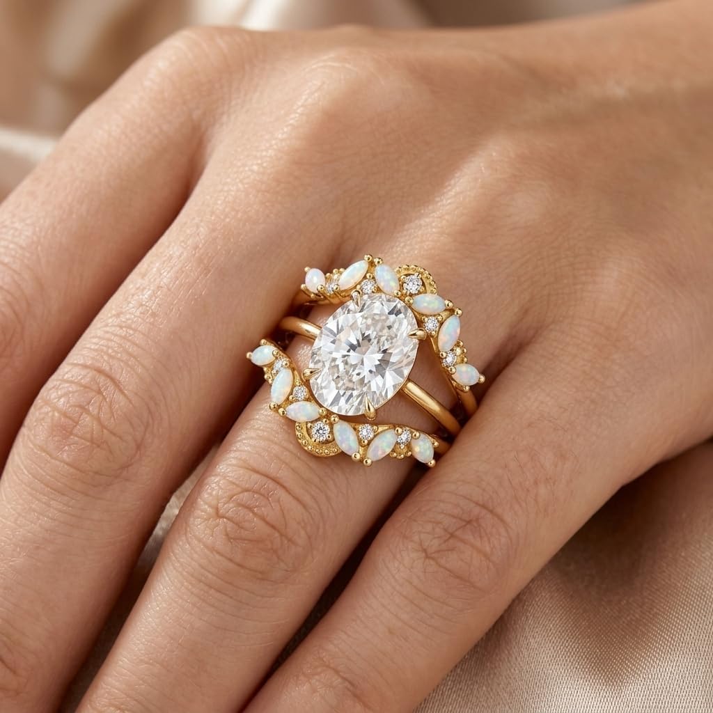 Opal Moissanite Ring Enhancer Guard for Engagement Ring, 10K 14K 18K Gold 0.3Ctw Marquise Opal and Round Moissanite Vintage Matching Wedding Bands Wrap for Women, Size 3.5-18