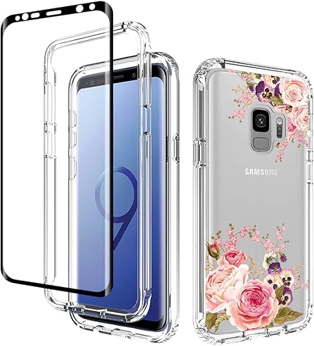 Miniatura 1 de Funda para Galaxy S9, SM-G960U con protector de pantalla de vidrio templado, cuerpo completo, transparente, flexible, con diseño floral, funda para