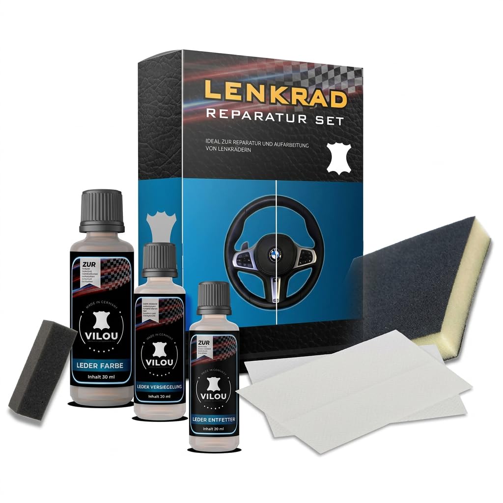 Leder-Lenkrad-Reparatur-Set Schwarz [KOMPLETT SET] - Professionelles Leder Reparatur Set auch für Möbel & Autositze, Kunstleder - direkt vom Hersteller - Made in Germany seit 1999 (glanz)