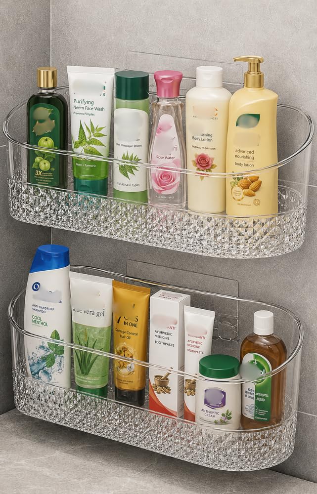 Royal-Pro Bathroom Organiser Without Drill Suction Shelf No Drill No Adhesive Suction Use Installation | Transparent Suction Wall Mounted (Pack of-2)-image-28