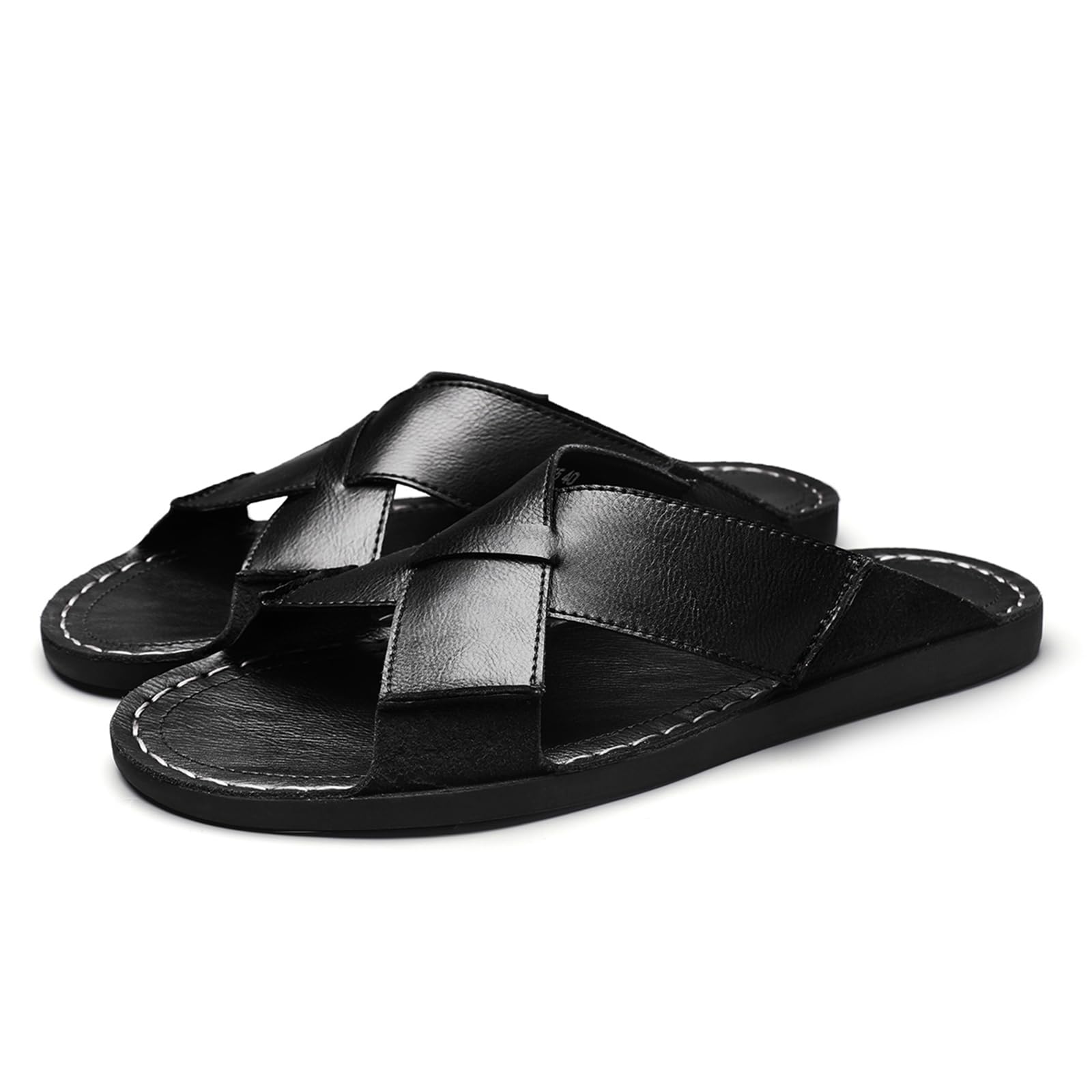 Sandalias de piel auténtica para hombre, cómodas, ligeras, abiertas, redondas, sin cordones, para exteriores, caminar, sandalias casuales de playa, Negro, 46 EU