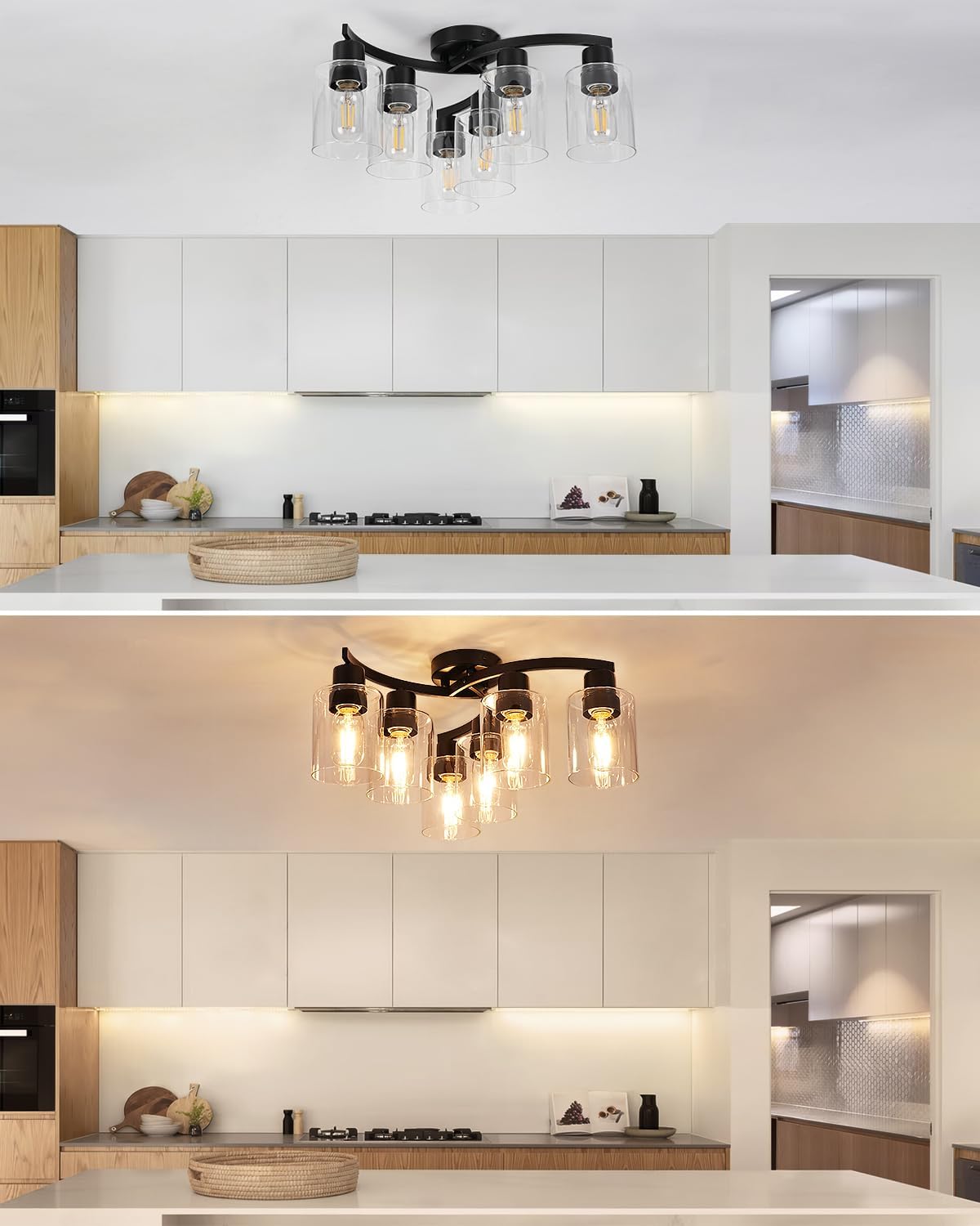 WILON 20'' 6-Light Large Black Semi Flush Mount Ceiling Light Fixture with Clear Glass Shades, Modern Farmhouse Chandelier for Dining Room Living Kitchen