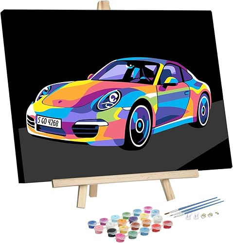 Pintura por números para adultos y niños, kit de pintura acrílica de bricolaje 12 x 16 pulgadas coche colorido con caballete de madera