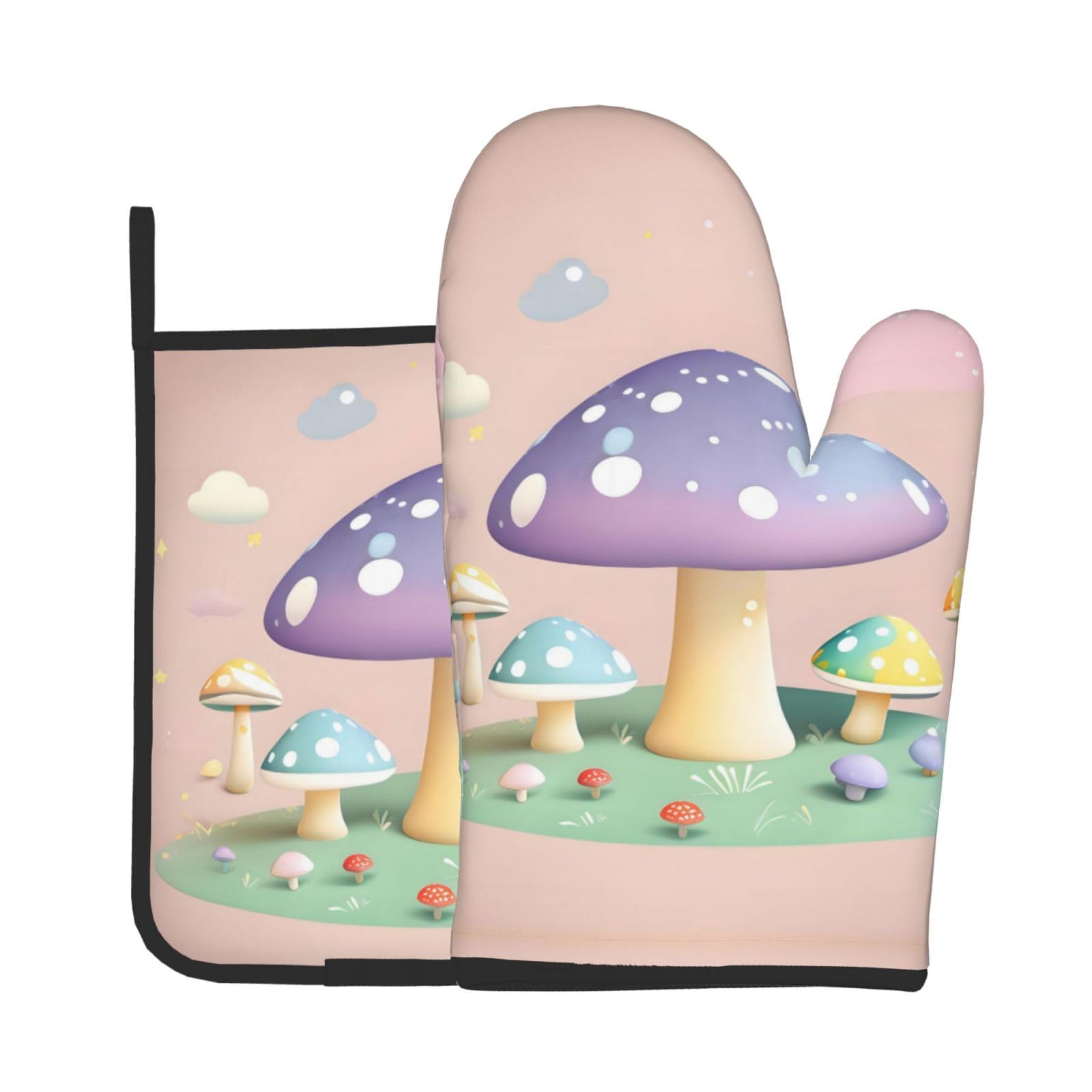Oven Mitts and Potholders Set of 2 for Kitchen Baking Cooking GrayCartoon Mushroom Thick and Durable