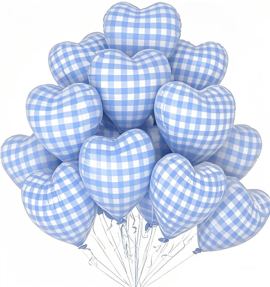 Photo 1 of 10 Pcs Blue Checked Heart Balloons, 18 Inch Pastel Blue And White Plaid Heart Shaped Balloon For Romantic Wedding Propose Valentine Engagement Bridal Shower Love Graduation Party Decorations