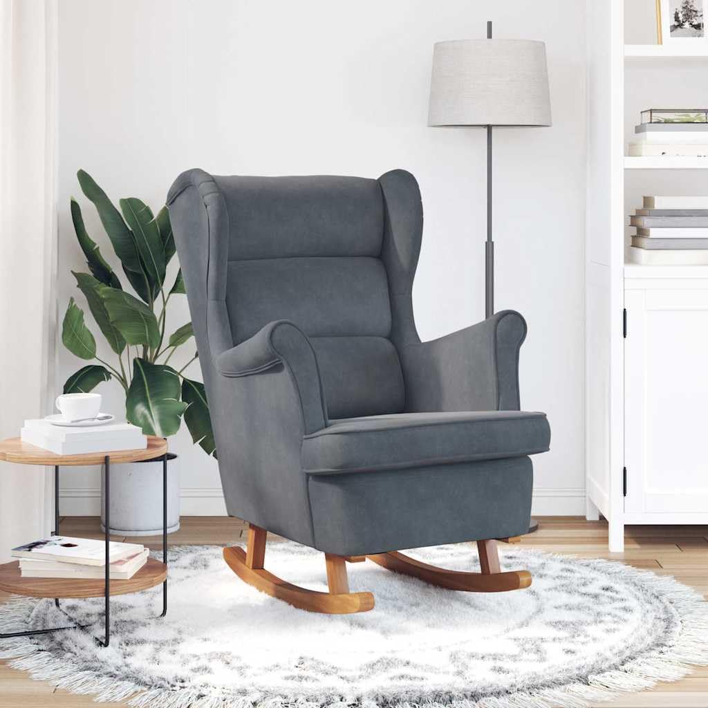 Ciemnoszary aksamitny fotel z płozami z litego drewna, ergonomiczne oparcie, podnóżek, idealny do salonu, sypialni, na balkon, relaksujący salon, stylowy fotel relaksacyjny do użytku wewnątrz
