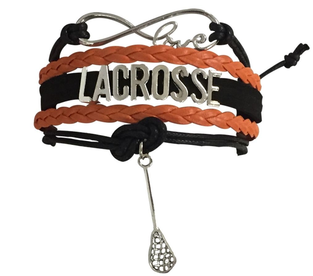 SportyBella Lacrosse Bracelets For Girls- Adjustable Charm Bracelet w/Infinity Symbol & Silver Lacrosse Stick Charm. Lacrosse Friendship Bracelet Gifts for Players, Teams & Coaches. (Orange/Black)