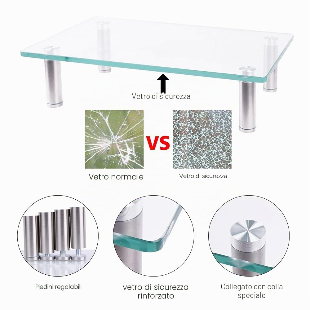 Melko - Rialzo per monitor in vetro, supporto per monitor, supporto per notebook, rialzo per televisore, supporto TV fino a 30 kg, selezione delle dimensioni