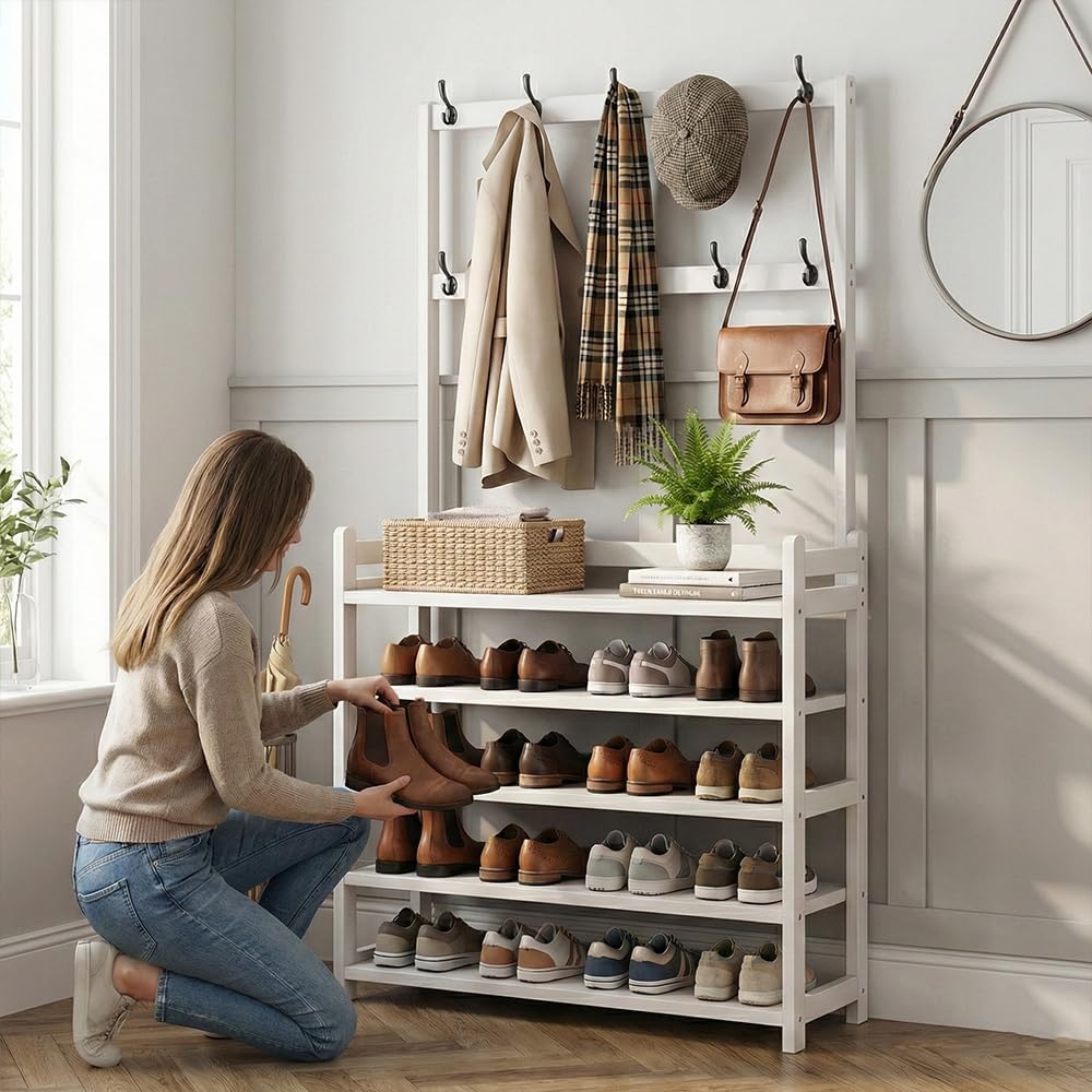BSTHO Shoe Rack Coat Rack Hallway Storage Stand Freestanding Contemporary Iron for Space-Saving Footwear Storage and Organization Closet or Entryway Display. Durable Shoe Organizer Shelf (White)