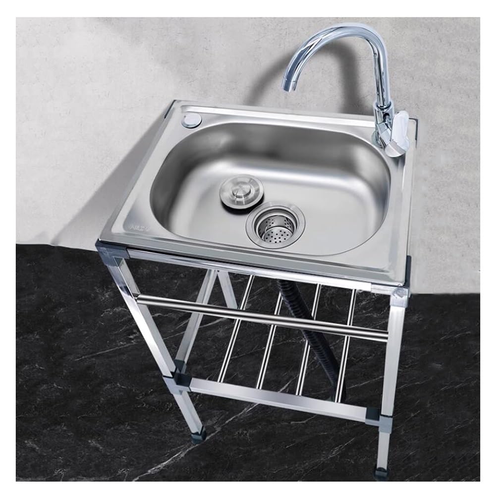 zktoermn Petit Évier Utilitaire, Évier De Cuisine À Bol Unique en Acier Inoxydable Autonome, Equipé De Robinets Et D'étagères De Rangement, Buanderie Salle De Bain Ferme(Silver-B,48x35x83cm)