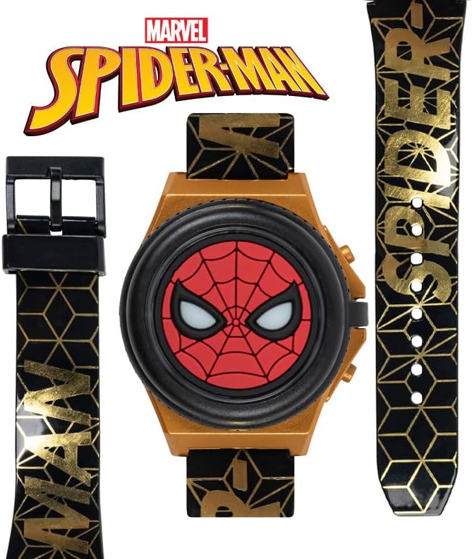 Marvel Spider-Man Kids' LCD Watch – Light-Up Flip Top Design with Glowing Eye Cover, Gold-Tone Accents, and Adjustable Silicone Strap – Durable and Fun for Ages 5+ - Image 3