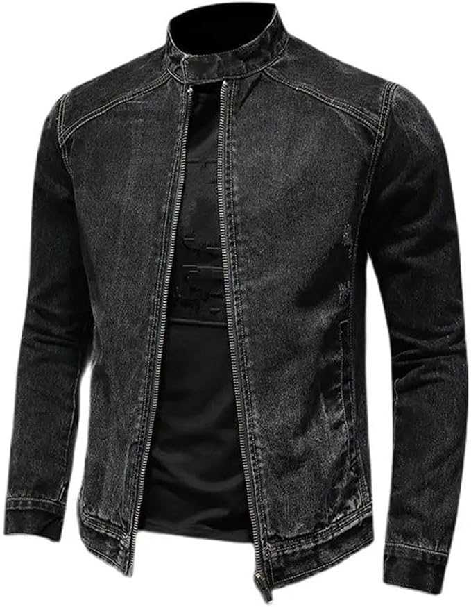 Generic Men's Denim Jackets Black Stand Collar Motorcycle Outerwear Cotton Vintage Jacket Mens Denim Coat fashion product photo