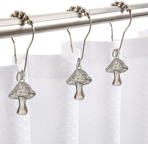 Miniatura 4 de Juego de 12 ganchos decorativos para cortina de ducha de hongos, anillos de ducha de acero inoxidable con bonitos hongos para decoración de baño y