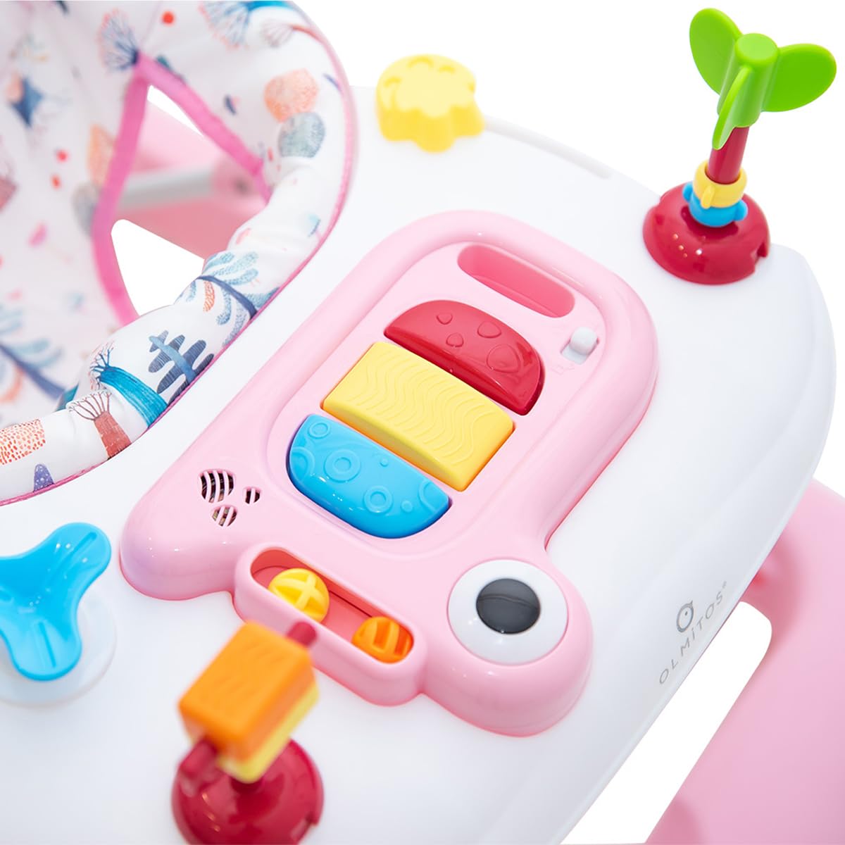 Olmitos - Andador bebe con Bandeja de Actividades – Primeros pasos Estimulación Sensorial y Desarrollo Motriz - centro de actividades plegable y regulable – Seguro con Sistema Stopper (Pink Stars)