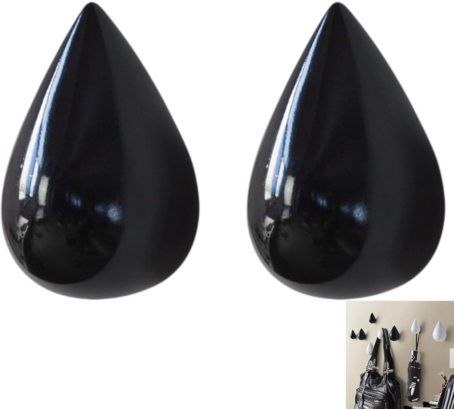 MOPAHCVT Clothing Racks Coat Hooks, 2-Piece Set of Teardrop-Shaped Wall-Mounted Hangers(Black H95mm)